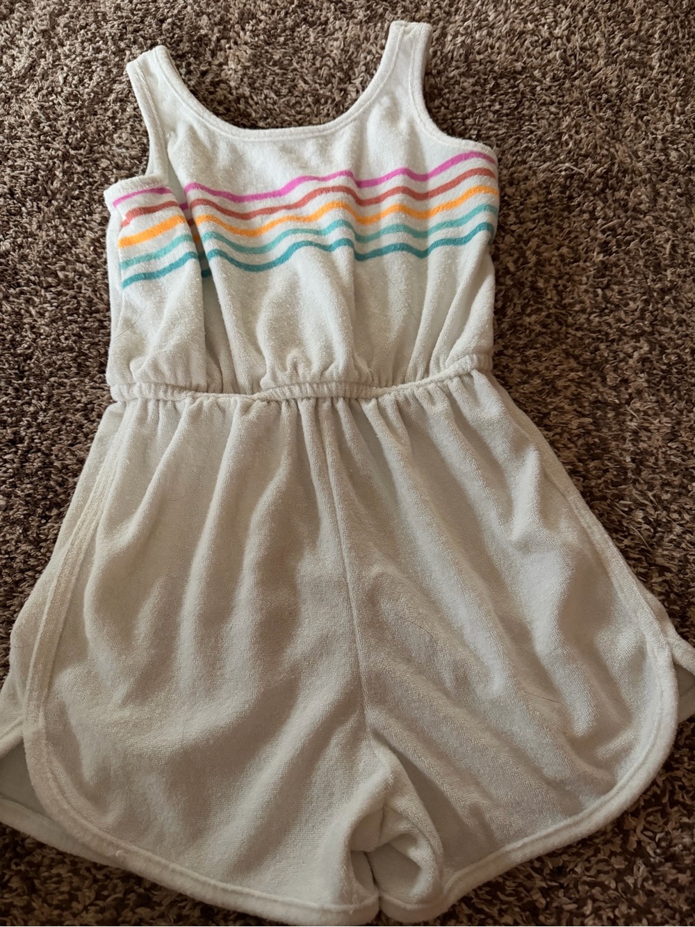 White Terry Romper with Rainbow Stripes